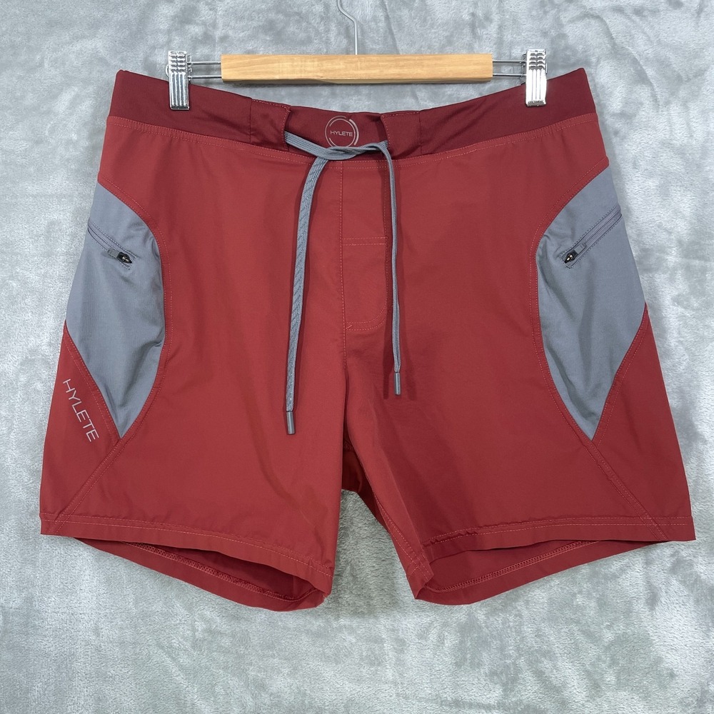 Hylete Shorts Mens Large Quad-Cut Elastic Waist Flex Maroon Gray Zip Pockets